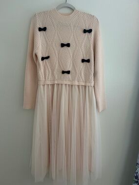 SHEIN Cream Knit Long Sleeve Dress with Black Bow Accents